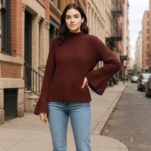 Primark Women’s L Dark Red Rib Knit Sweater Mock Neck Bell Sleeve Pullover